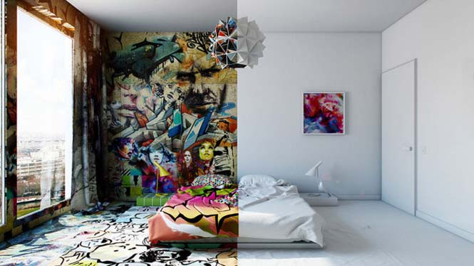 Designer δημιούργησε δωμάτιο ξενοδοχείου μισό άσπρο - μισό γεμάτο με graffiti (1)