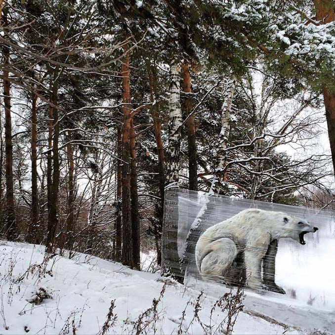 Καλλιτέχνης ζωγραφίζει ζώα στο δάσος με σπρέι πάνω σε διάφανη μεμβράνη (3)