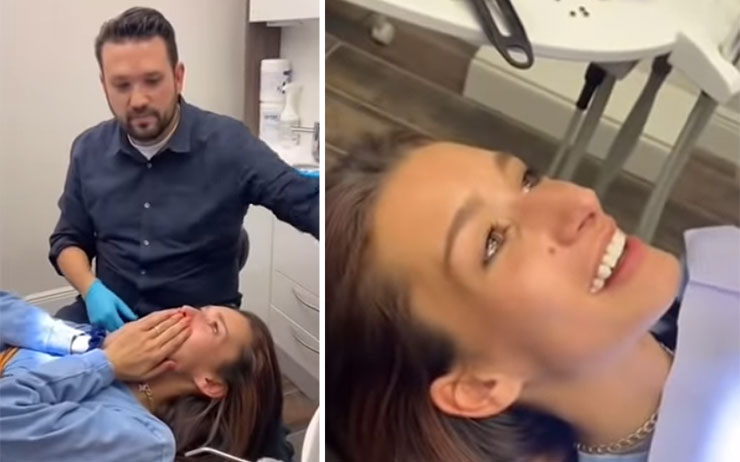 Κοπέλα κλαίει από ευτυχία καθώς ο οδοντίατρος της κάνει έκπληξη με μια τέλεια οδοντοστοιχία